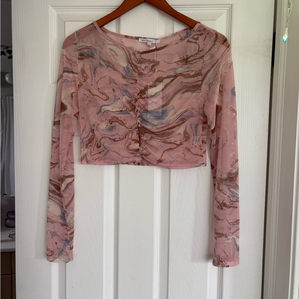 Marble Print Long Sleeve Crop Top